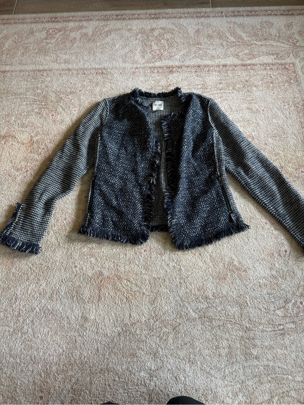 NIC+ZOE Black and Gray Fringe Open-Front Tweed Jacket